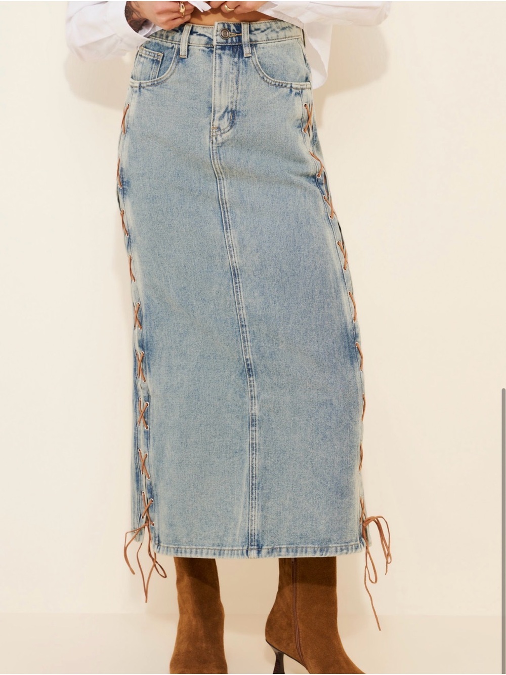 Moon River Light Blue Denim Midi Skirt with Side Lace-Up